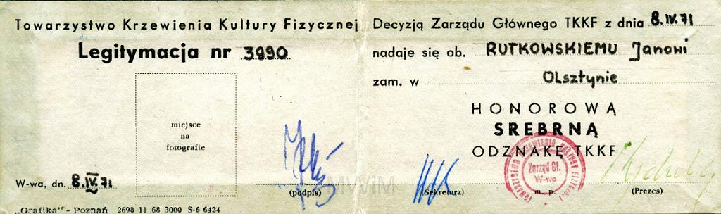 KKE 3260-2.jpg - Legitymacja Towarzystwa Krzewienia Kultury Fizycznej, Jan Rutkowski, Warszawa, 1971 r.